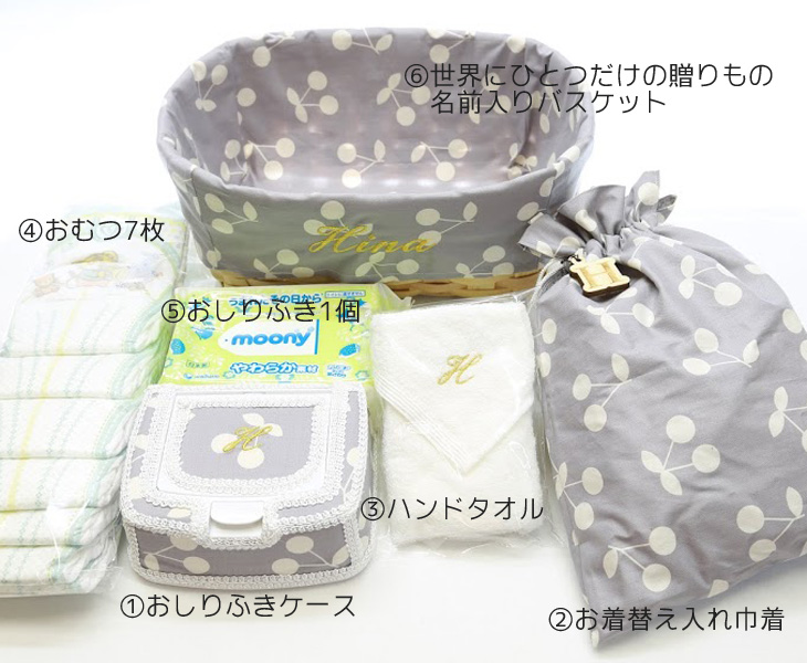 名前入りおむつバスケットセット,さくらんぼ柄,セット内容