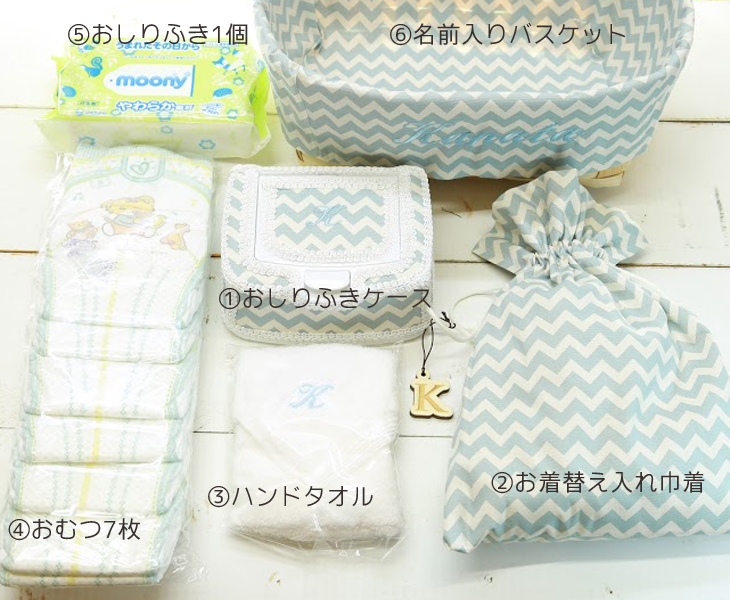 名前入りおむつバスケットセット,シェブロン柄,セット内容