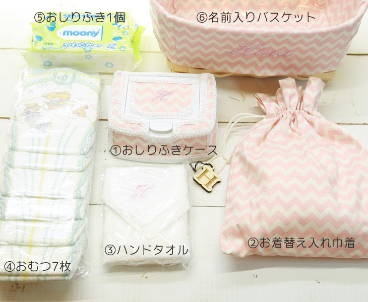 名前入りおむつバスケットセット,シェブロン柄,セット内容
