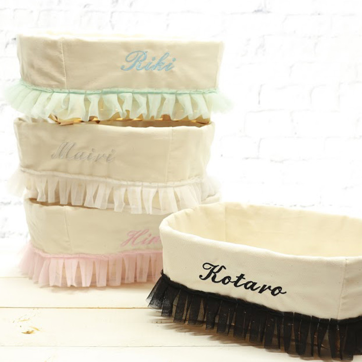 Tulle Frills 名前入りバスケット Pink Blue Grey Black チュールフリル 男の子 女の子 出産祝い おむつ入れ プレゼント 名前入り出産祝い おむつケーキ バスケット専門店babyrotaco ベビーロタコ